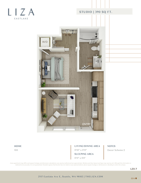 Liza Apartment 3D floor plan - studio 390 sqft